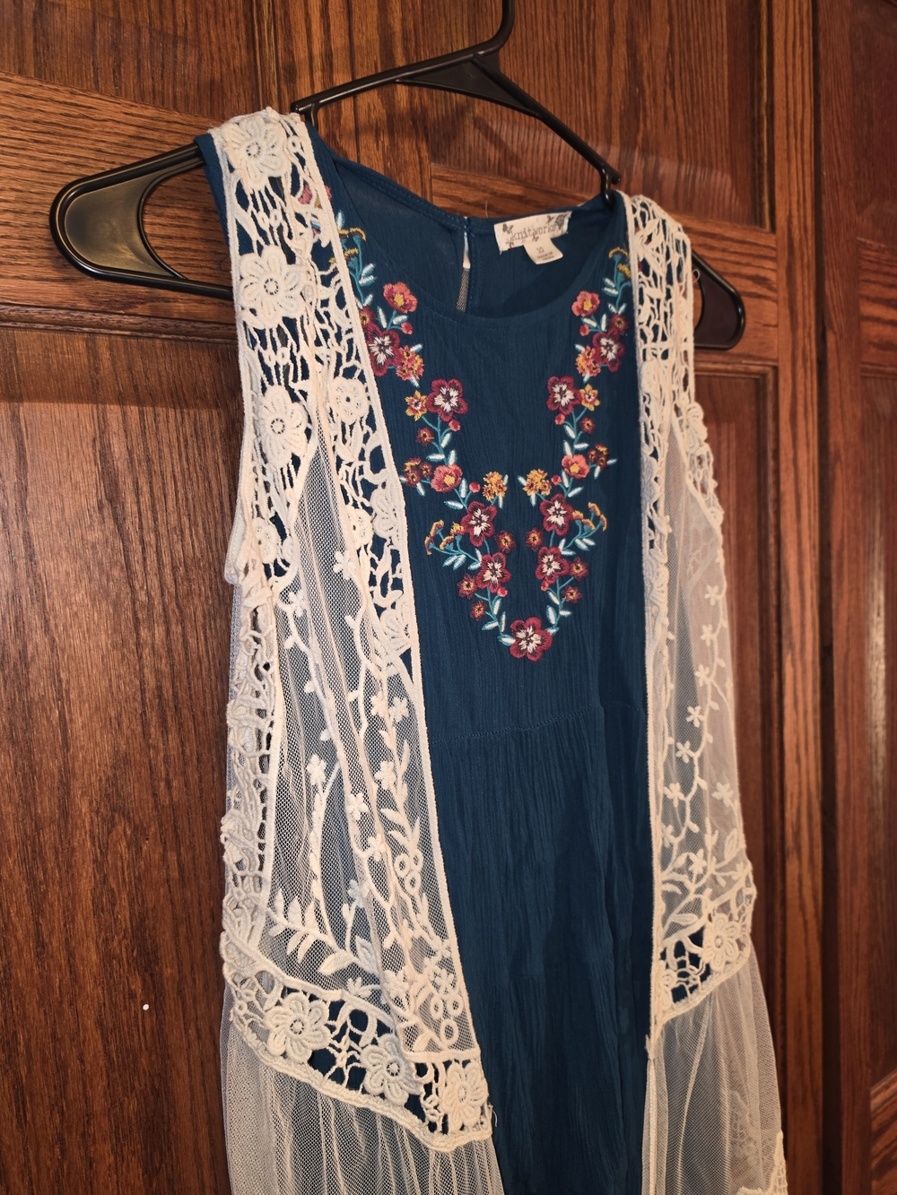 Knitworks Teal Embroidered Sleeveless Kids Dress with Ivory Lace Vest